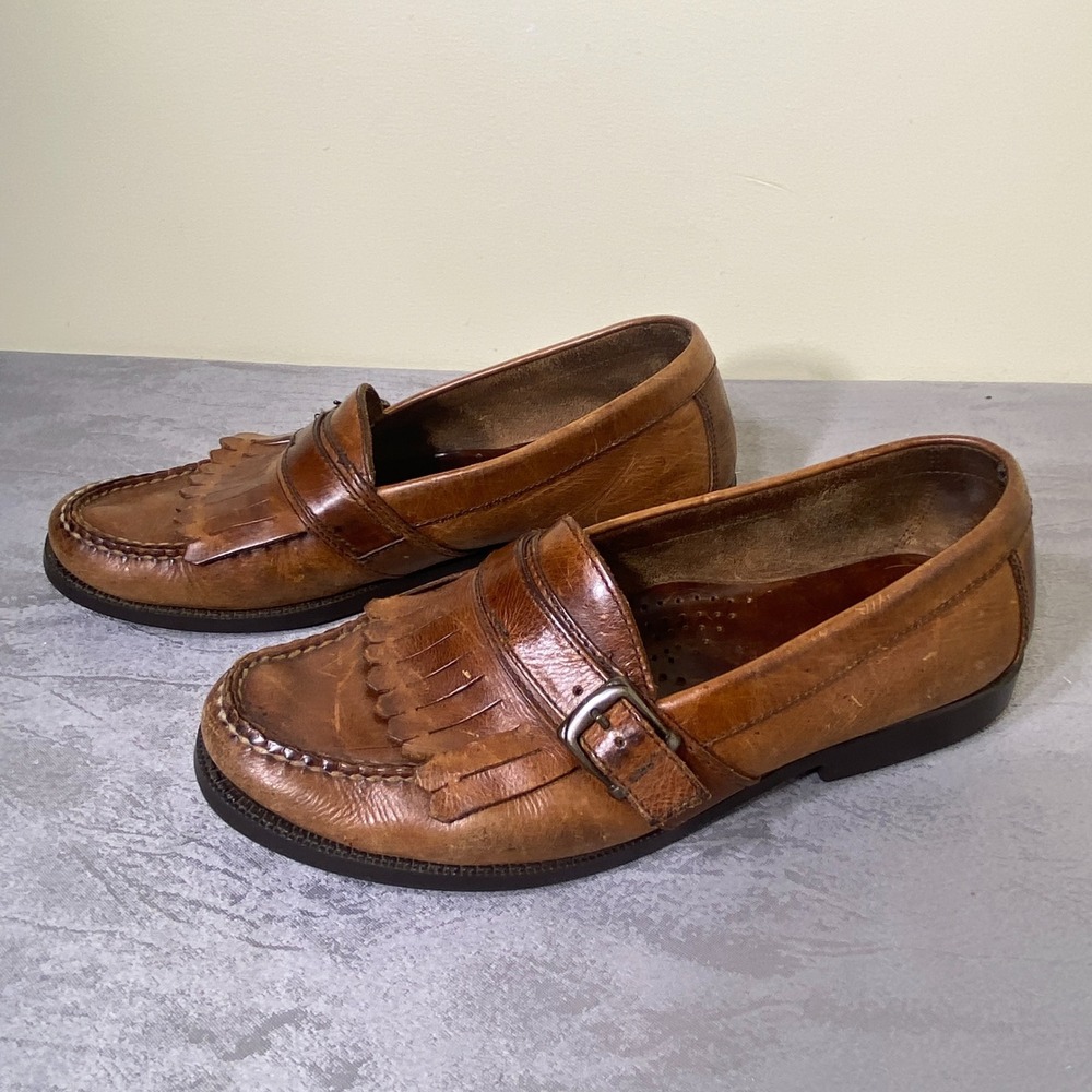 Bass Parker Brown Leather Kiltie Loafers Buckle Strap Mens 9M 04105